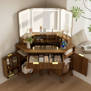 English Elm 47.2" Corner Lighted Makeup Vanity with Fluted Panel Tri-fold Mirror and Charging Station Walnut N704P392485P