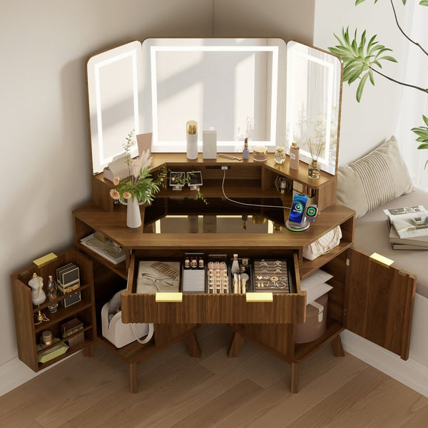English Elm 47.2" Corner Lighted Makeup Vanity with Fluted Panel Tri-fold Mirror and Charging Station Walnut N704P392485P