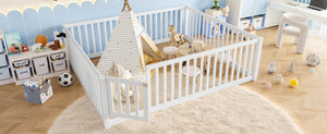 English Elm Queen Kids Floor Bed Pine Wood Frame with Safety Rails Door and Low Profile Design Light White W1580P417672