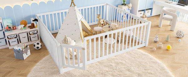 English Elm Queen Kids Floor Bed Pine Wood Frame with Safety Rails Door and Low Profile Design Light White W1580P417672