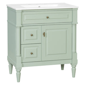 English Elm 30" Freestanding Bathroom Vanity Rubberwood Frame Ceramic Sink Flip Drawer Storage Green N725P356062F