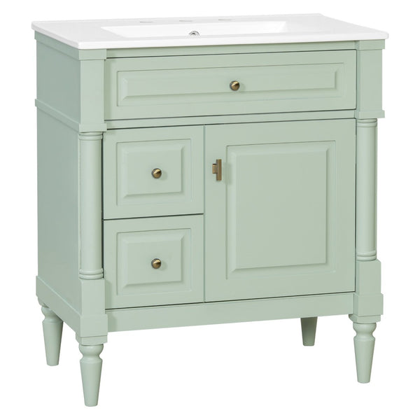 English Elm 30" Freestanding Bathroom Vanity Rubberwood Frame Ceramic Sink Flip Drawer Storage Green N725P356062F