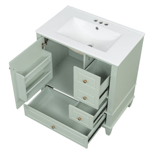 English Elm Christopher Knight Home® - 30" Freestanding Bathroom Vanity with Ceramic Sink, Soft-Close Door, Gold Knobs & 3 Drawers, Durable Painted Finish Light Green N759P225994G