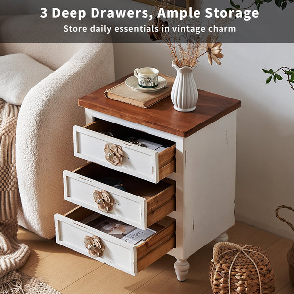 English Elm Vintage Farmhouse End Table with Floral Knobs 3-Drawer Rustic Nightstand Solid Wood Accents Antique White,Walnut W3306P318861