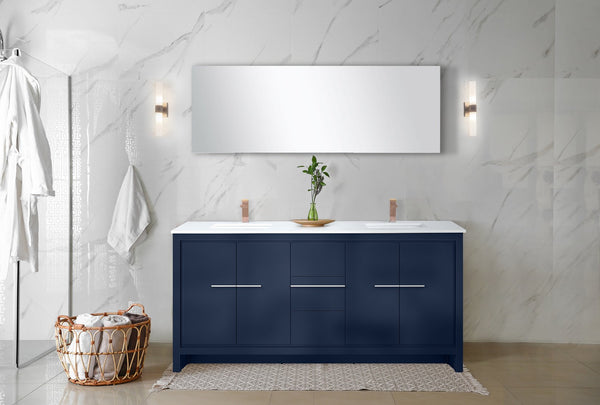 English Elm Navy Double Bath Vanity 72" W X 20" D With White Quartz Top & Elegant Rose Gold Faucet Set B2731P259492
