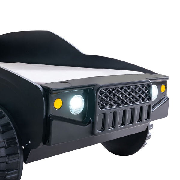 English Elm Modern Jeep Twin Bed with Led Headlights Gloss Black Mdf Frame for Kids Rooms B2741S00915