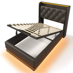 English Elm Twin Upholstered Bed with Hydraulic Storage, Surround LED, App/Remote Control & USB Type-C Charging Black N736P188805B