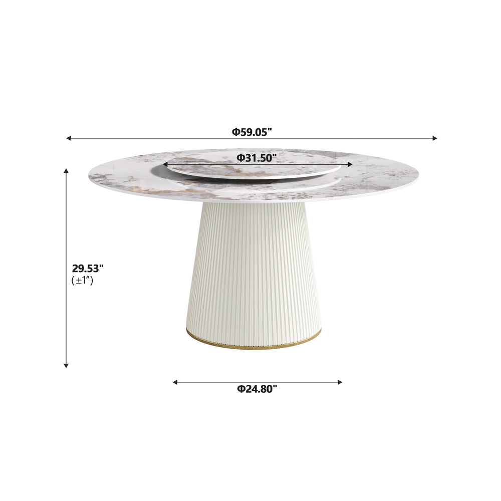 English Elm 59.05 "Modern Round Dining Table With Sintered Stone Top & Lazy Susan – Seats 6-8 People Comfortably" W1535S00451