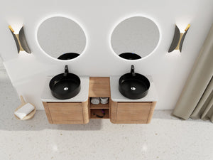 English Elm 60'' Wall-Mounted Bathroom Vanity With Elegant Ceramic Art Sink & Soft-Close Door For Modern Spaces W999S00411