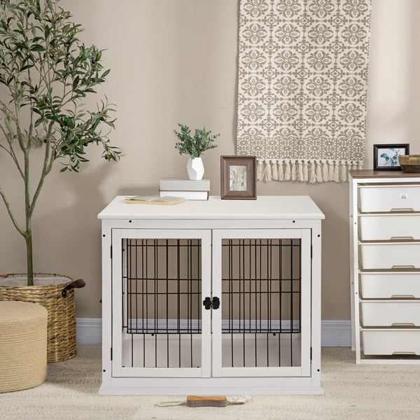 English Elm Pawhut White Dog Crate End Table with Arched Wire Windows and Dual Lockable Doors W2225P229155