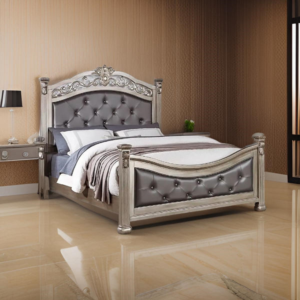 English Elm Formal California King Bedframe - Antique Silver Tufted Faux Leather Headboard & Footboard Elegance B011S00951