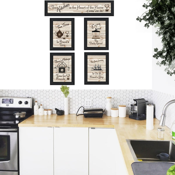 English Elm "kitchen Themed Five Panel Framed Wall Art Set with Black Wood Frame for Dining Areas B06787053