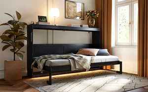 English Elm Twin-size Murphy Wall Bed with Led Lighting Usb Outlet and Decorative Printed Panel Black LP000355AAB