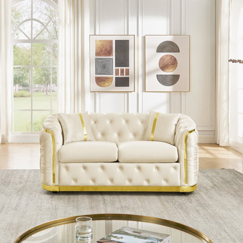 English Elm 62.6 Inch Chesterfield Velvet Loveseat with Gold Steel Trim Button Tufted Luxury Seating Beige W1191S00093