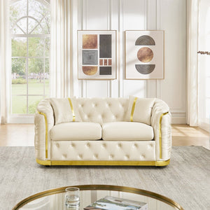 English Elm 62.6 Inch Chesterfield Velvet Loveseat with Gold Steel Trim Button Tufted Luxury Seating Beige W1191S00093