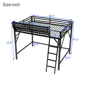 English Elm Queen Size Metal Loft Bed with Ladder and Built-In Storage Shelves, Sturdy High Bed for Teens 99" Black W2580P379983
