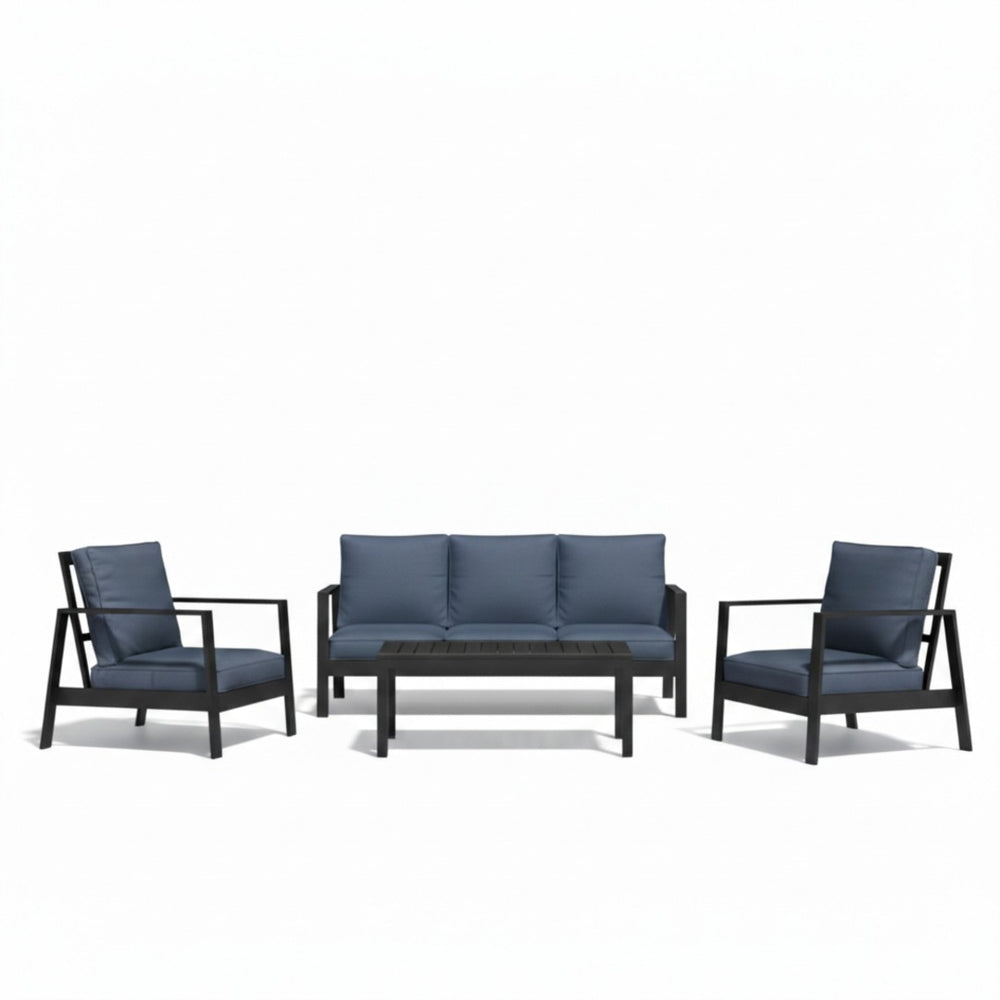 English Elm 4-piece Outdoor Conversation Set with Powder-coated Aluminum Frame and Plush Deep Cushions Black+Blue B082S00101