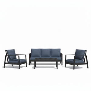 English Elm 4-piece Outdoor Conversation Set with Powder-coated Aluminum Frame and Plush Deep Cushions Black+Blue B082S00101