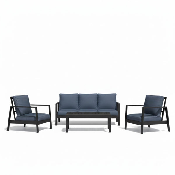 English Elm 4-piece Outdoor Conversation Set with Powder-coated Aluminum Frame and Plush Deep Cushions Black+Blue B082S00101