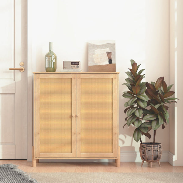 English Elm Mid-Century Woven Rattan Door Storage Cabinet with Adjustable Shelves and Solid Wood Legs, Stylish and Functional Natural 35.4 L x 18.5 W x 6.3 H W3151P288911