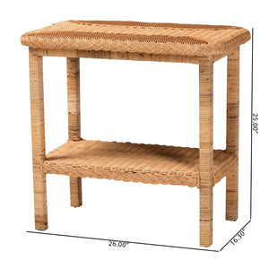 English Elm Bohemian Hand-braided Rattan Side Table with Open Shelf for Warm Organic Interiors B2750P467754