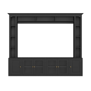 English Elm 4-Piece Modern Entertainment Center Wall Unit with Tempered Glass Doors, Adjustable Shelves, Designer Bridge and Cable Management for Spacious Living Room Storage Black N721S000052B