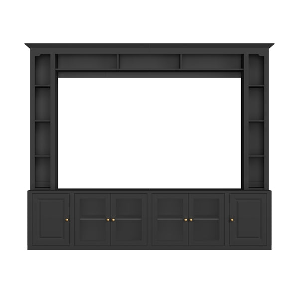 English Elm 4-Piece Modern Entertainment Center Wall Unit with Tempered Glass Doors, Adjustable Shelves, Designer Bridge and Cable Management for Spacious Living Room Storage Black N721S000052B