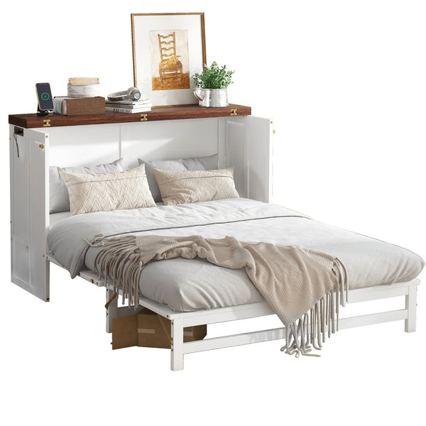 English Elm Murphy Cabinet Bed Full Pine Frame Built in Charging Station Drawer Studio Guest Room W504S00192
