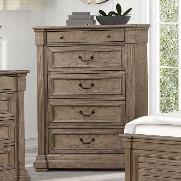 English Elm Weathered Gray Chest 39"W x 52"H Transitional Solid & Engineered Wood, French-Front Dovetail Drawers, Metal Glides and Handles B2741P373195