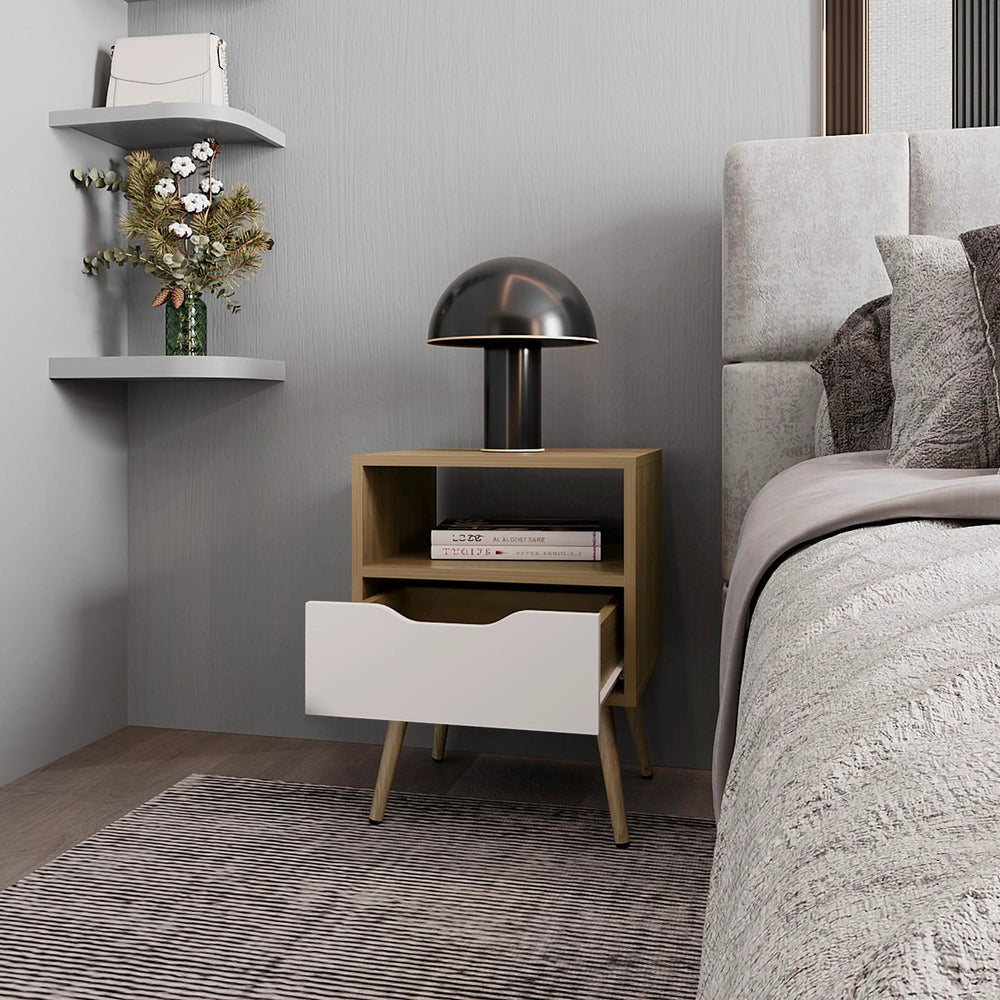 English Elm Natural Oak and White Scandinavian Nightstand with Drawer Cut-Out, Open Shelf & Angled Legs for Cozy Storage B062P303913