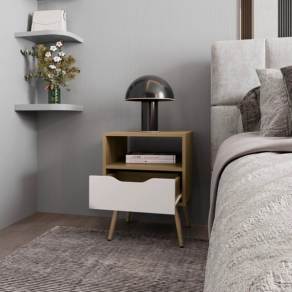 English Elm Natural Oak and White Scandinavian Nightstand with Drawer Cut-Out, Open Shelf & Angled Legs for Cozy Storage B062P303913