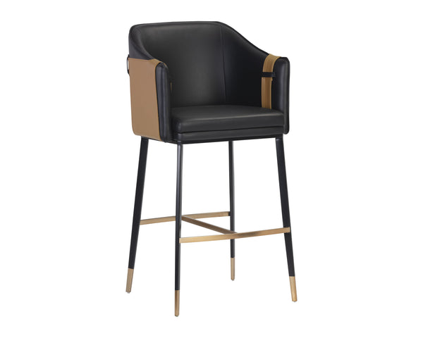 Sunpan Carter Barrel Back Barstool in Faux Leather with Black Steel Legs and Copper Foot Caps for Elegance Napa Black / Napa Cognac