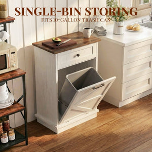 English Elm Tilt Out Trash Cabinet with Storage Drawer Conceals 10 Gallon Bin Pet Proof Brown+White T5831P489249