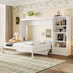 English Elm Queen Murphy Bed with Built-In Shelves, Height-Adjustable Storage & Drawer for Small Spaces White 71.6 L x 21.5 W x 6.1 H N733S309223K