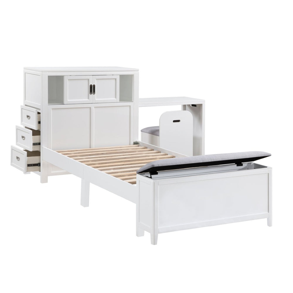 English Elm Gray Twin Platform Bed with Bookcase Headboard Hidden Desk Stool and Footboard Bench White B011S02324