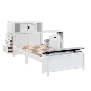 English Elm Gray Twin Platform Bed with Bookcase Headboard Hidden Desk Stool and Footboard Bench White B011S02324