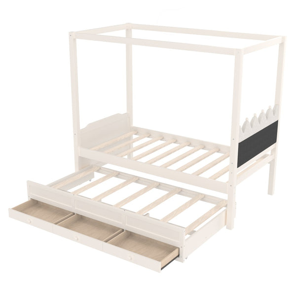 English Elm Full Bunk Bed with Trundle Bookshelf Storage Pine Frame Car Design for Kids W1580S00315