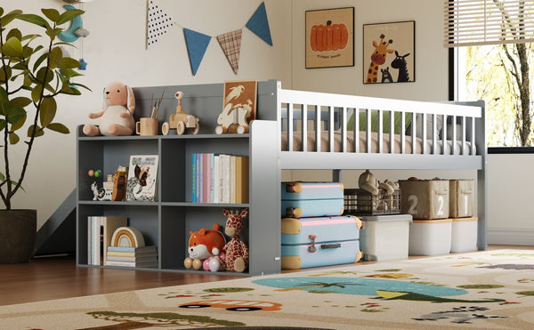 English Elm Twin Platform Kids Bed with Slide Ladder Guardrails Storage Shelf Wood Frame Gray N733S415411E