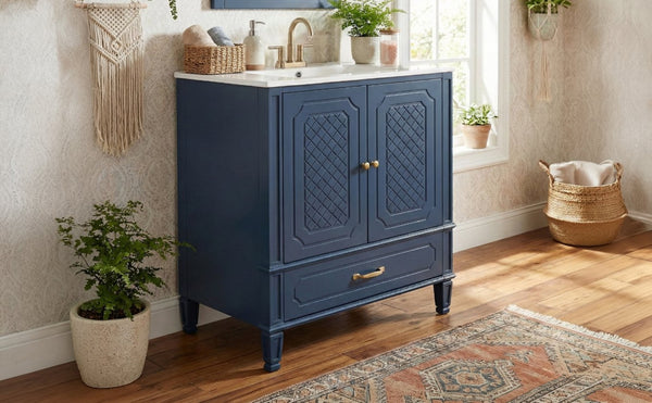 English Elm [video] 30 Inch Bathroom Vanity Acacia Wood Vintage Style Ceramic Sink Soft Close Storage N759P313313C