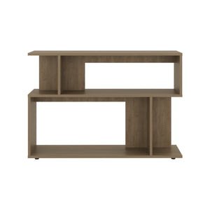 English Elm Asymmetrical Oak Sofa SideTable with Open Shelves & Top Shelf, Modern Engineered Wood Accent Table B200P363787