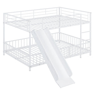 English Elm Full Full over Full Metal Bunk Bed with Slide, Interchangeable Stairs, Gate & Safety Guardrails for Kids White SF000170AAK