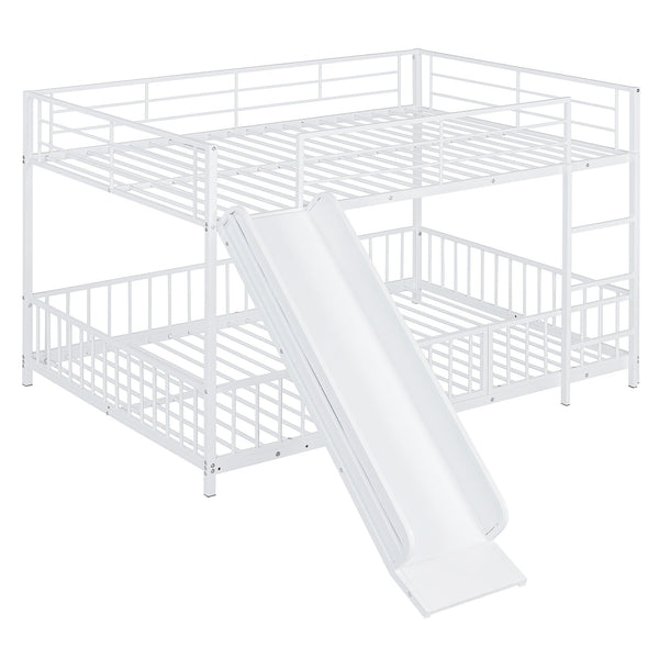 English Elm Full Full over Full Metal Bunk Bed with Slide, Interchangeable Stairs, Gate & Safety Guardrails for Kids White SF000170AAK