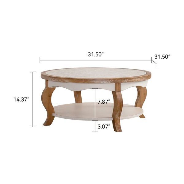 English Elm Round Wood Coffee Table with Removable Tempered Glass Top, Solid Carved Surface, Curved Legs, Space-Saving Elegance W3158P369809