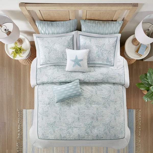 JLA Home Harbor House Blue - Duvet Harbor House Maya Bay Seafoam Embroidered Seashells & Sand Dollars 200TC Cotton Set 106 L x 90 W x 0.13H HH12-1227