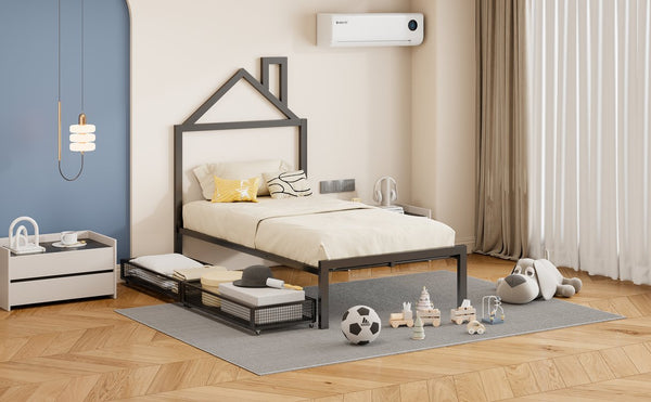 English Elm Twin Metal Platform Bed with House-Style Headboard, Sturdy Slatted Frame & Smooth Underbed Drawers for Kids and Teens (300 lb Capacity) Black MF320570AAB