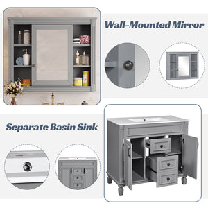 English Elm 36'' Bathroom Vanity with Sink and Mirror Cabinet, Modern MDF & Solid Wood Design, Ceramic Top, Soft-Close Doors Grey SW000115AAE-1