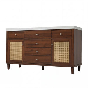 English Elm 60" Boutique Bathroom Vanity Rattan Doors Soft Close Drawers Smc Sink Pine Legs Brown N817P397678B