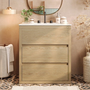 English Elm Christopher Knight Home® - 30" Bathroom Vanity with Ceramic Sink, 2 Soft-Close Full-Extension Drawers, Handle-Free 45° Design, Durable MDF Natural N817P280549N