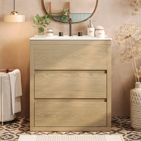 English Elm Christopher Knight Home® - 30" Bathroom Vanity with Ceramic Sink, 2 Soft-Close Full-Extension Drawers, Handle-Free 45° Design, Durable MDF Natural N817P280549N