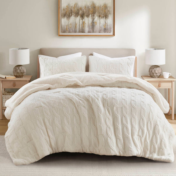 JLA Home Madison Park - Cable Chenille Comforter Set with Sherpa Reverse, Oeko-Tex Softness, Cable-Knit Texture & Warmth Ivory MP10-8890